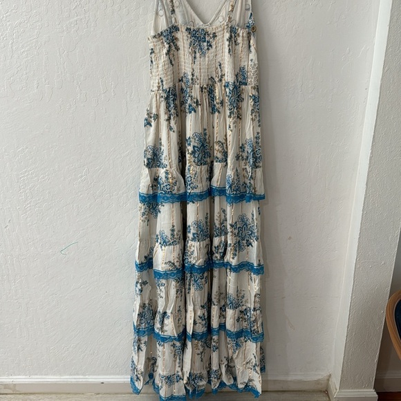 ANANTA S/M Blue Gold Metallic Lace Trim Boho Maxi Dress Made in India 25120 - Picture 11 of 11